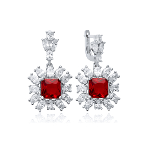 Garnet Square CZ Flower Design Wholesale Silver Dangle Earrings