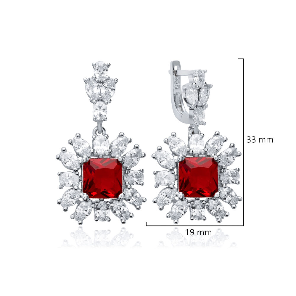 Garnet Square CZ Flower Design Wholesale Silver Cluster Earrings