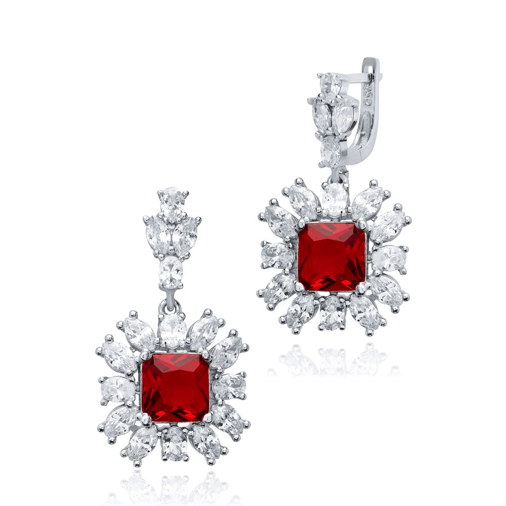 Garnet Square CZ Flower Design Wholesale Silver Cluster Earrings