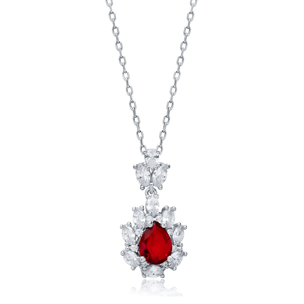 Pear Garnet CZ Flower Wholesale 925 Silver Charm Necklace