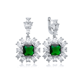 Emerald Square CZ Flower Design Wholesale Silver Dangle Earrings