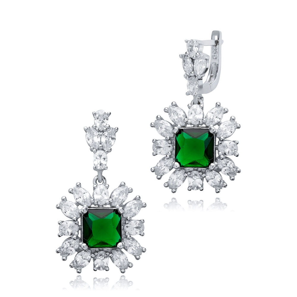 Emerald Square CZ Flower Design Wholesale Silver Cluster Earrings