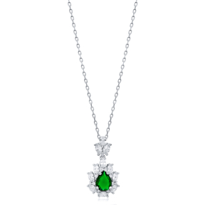 Pear Emerald CZ Flower Wholesale 925 Silver Charm Necklace