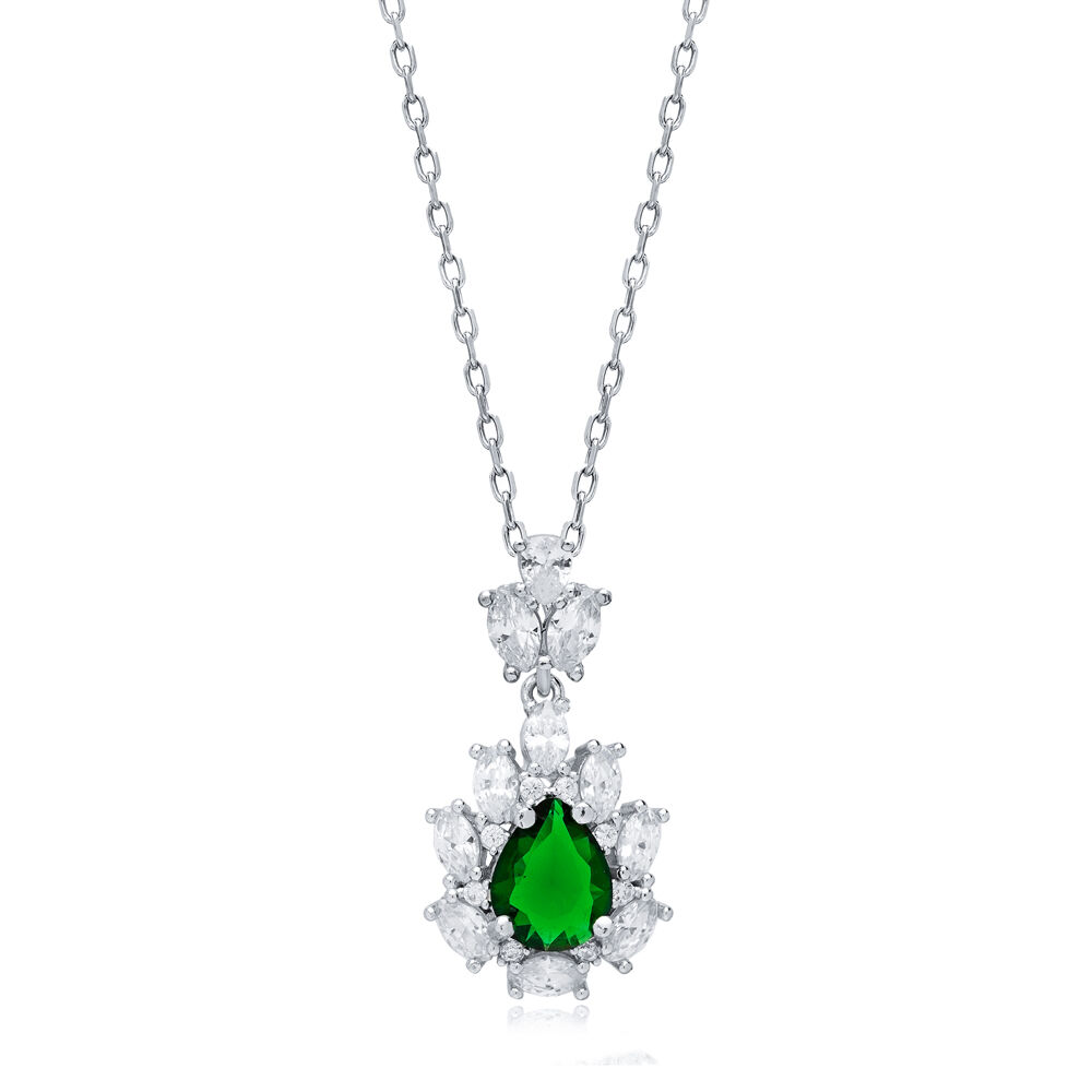 Pear Emerald CZ Flower Wholesale 925 Silver Charm Necklace