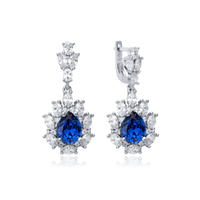 Sapphire CZ Stones Pear Drop Wholesale 925 Silver Dangle Earrings