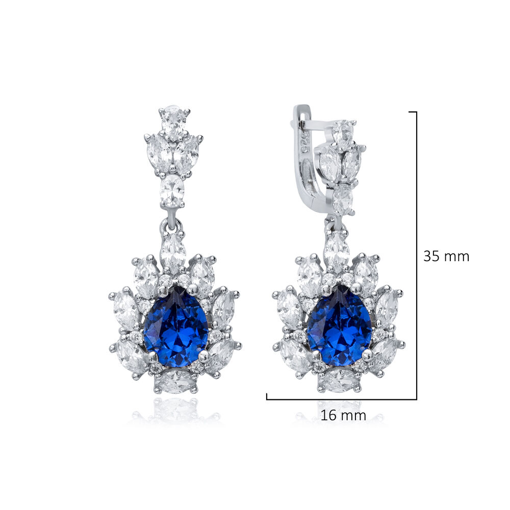 Sapphire CZ Stones Pear Drop Wholesale 925 Silver Cluster Earrings