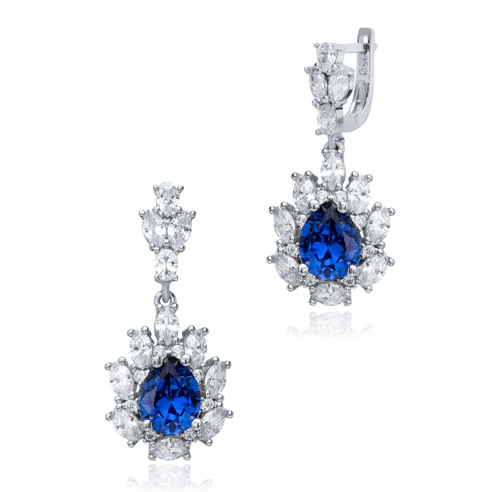 Sapphire CZ Stones Pear Drop Wholesale 925 Silver Cluster Earrings