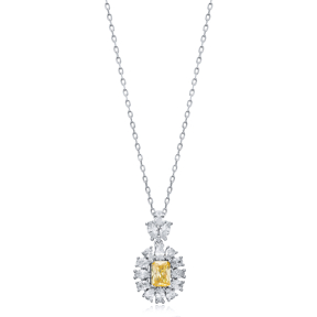 Rectangle Citrine CZ Flower Wholesale 925 Silver Charm Necklace