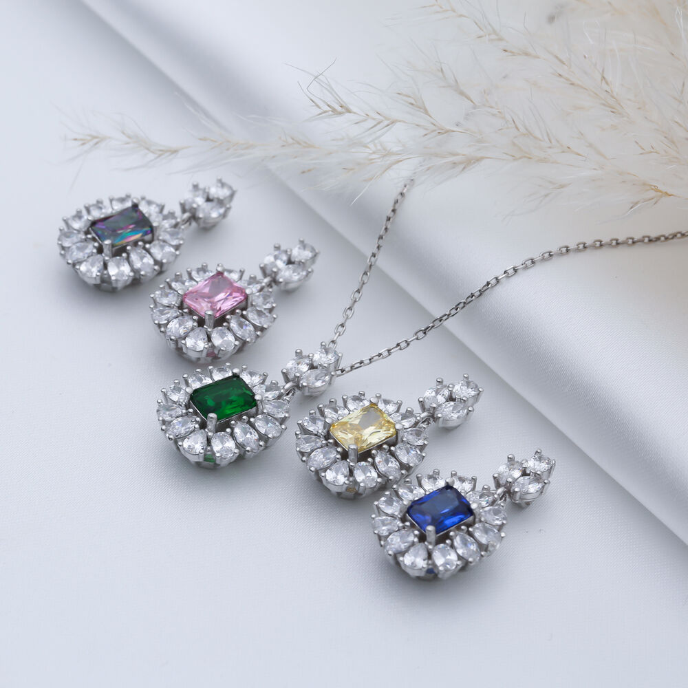 Rectangle Sapphire CZ Flower Wholesale 925 Silver Charm Necklace