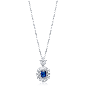 Rectangle Sapphire CZ Flower Wholesale 925 Silver Charm Necklace