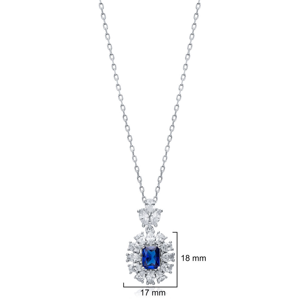 Rectangle Sapphire CZ Flower Wholesale 925 Silver Charm Necklace