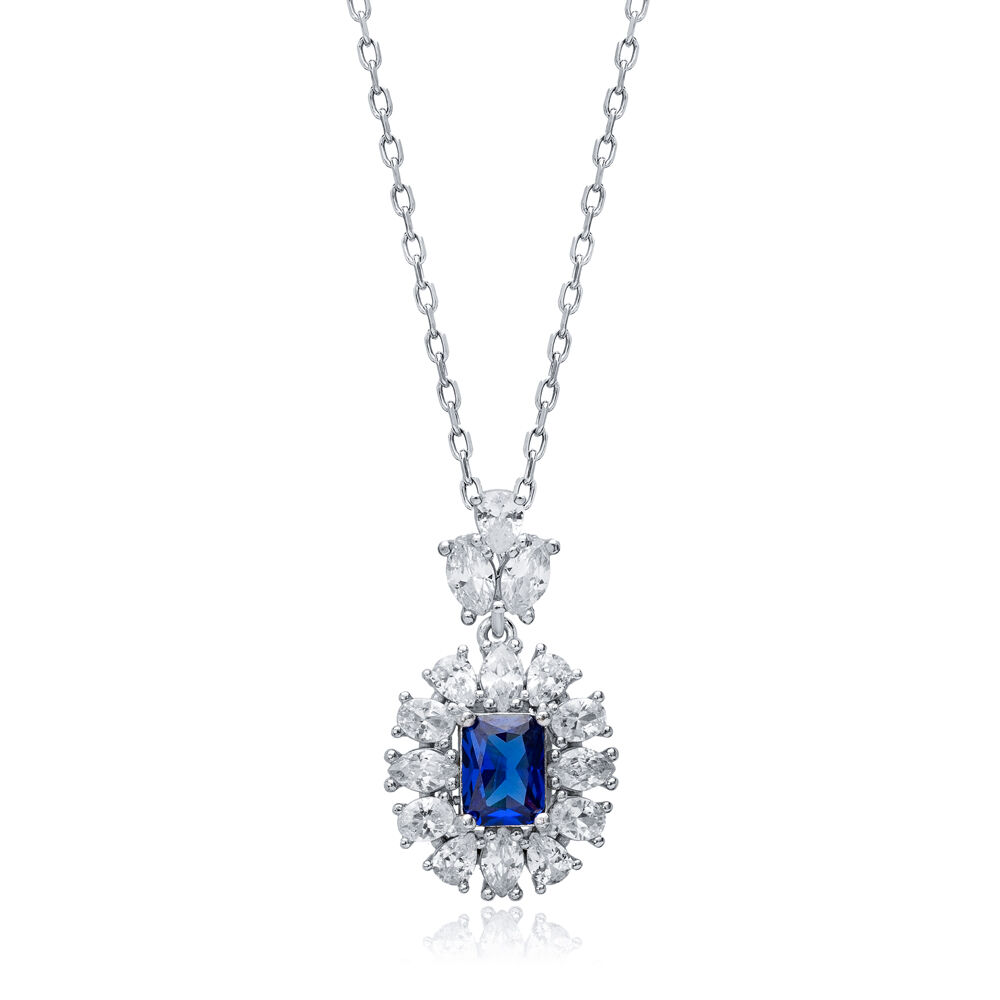 Rectangle Sapphire CZ Flower Wholesale 925 Silver Charm Necklace