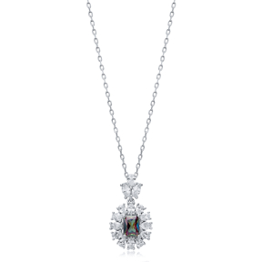 Rectangle Mystic Topaz CZ Flower Wholesale 925 Silver Charm Necklace