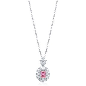 Rectangle Pink CZ Flower Wholesale 925 Silver Charm Necklace