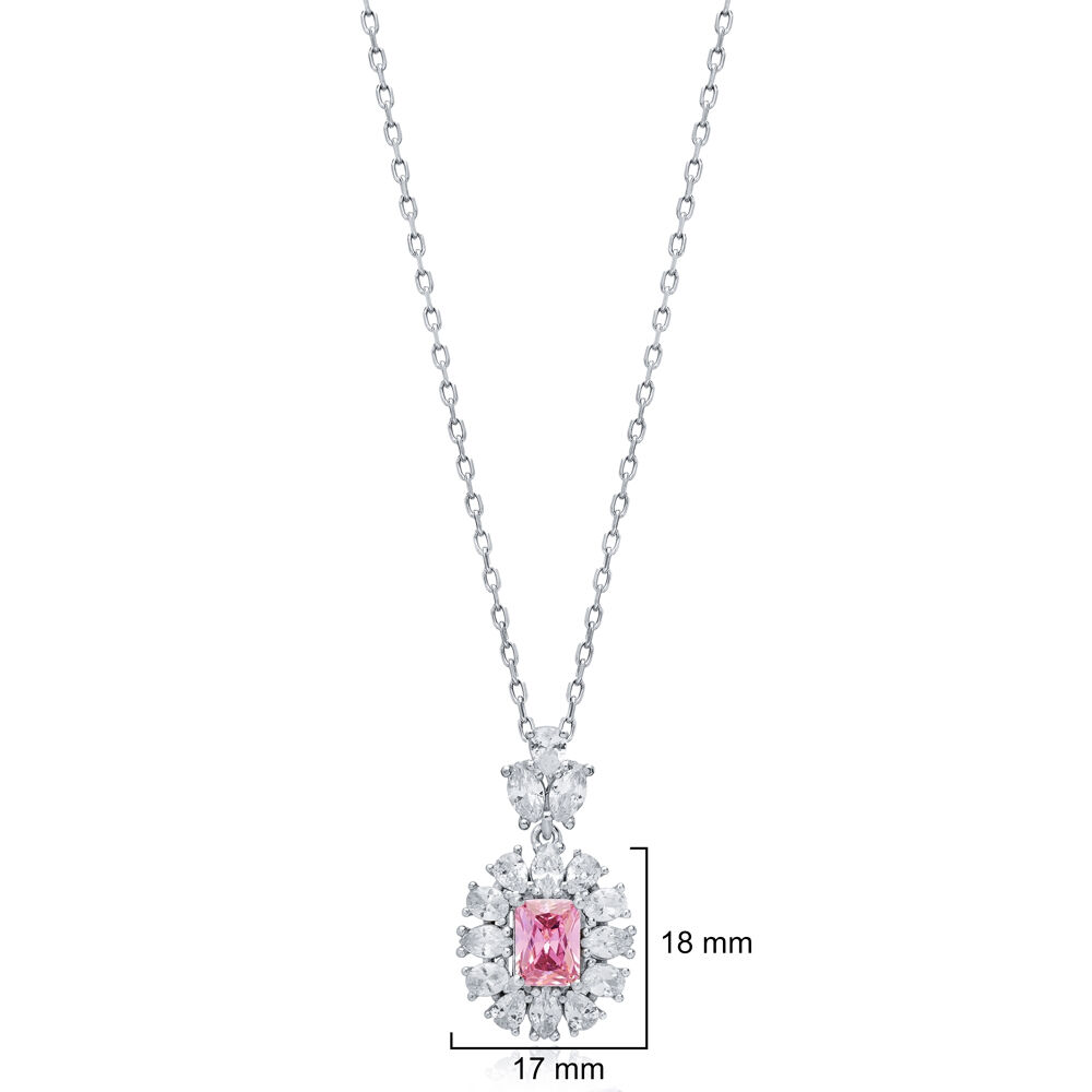 Rectangle Pink CZ Flower Wholesale 925 Silver Charm Necklace