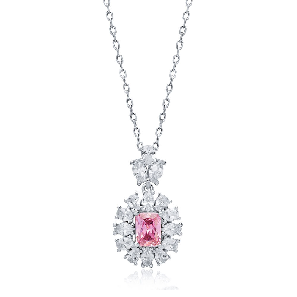 Rectangle Pink CZ Flower Wholesale 925 Silver Charm Necklace