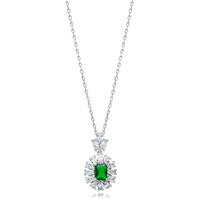 Rectangle Emerald CZ Flower Wholesale 925 Silver Charm Necklace