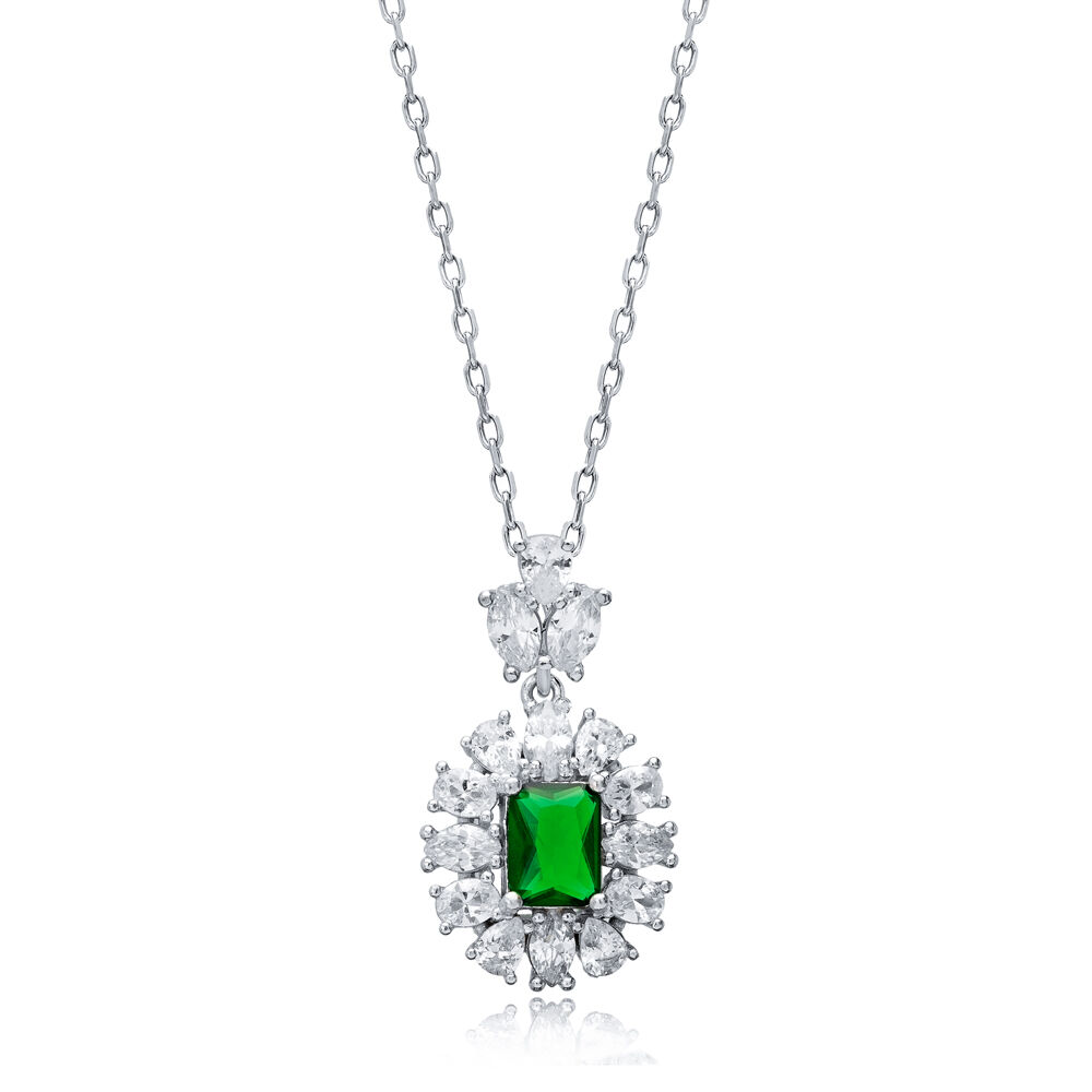 Rectangle Emerald CZ Flower Wholesale 925 Silver Charm Necklace