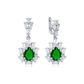 Emerald CZ Stones Pear Drop Wholesale 925 Silver Dangle Earrings