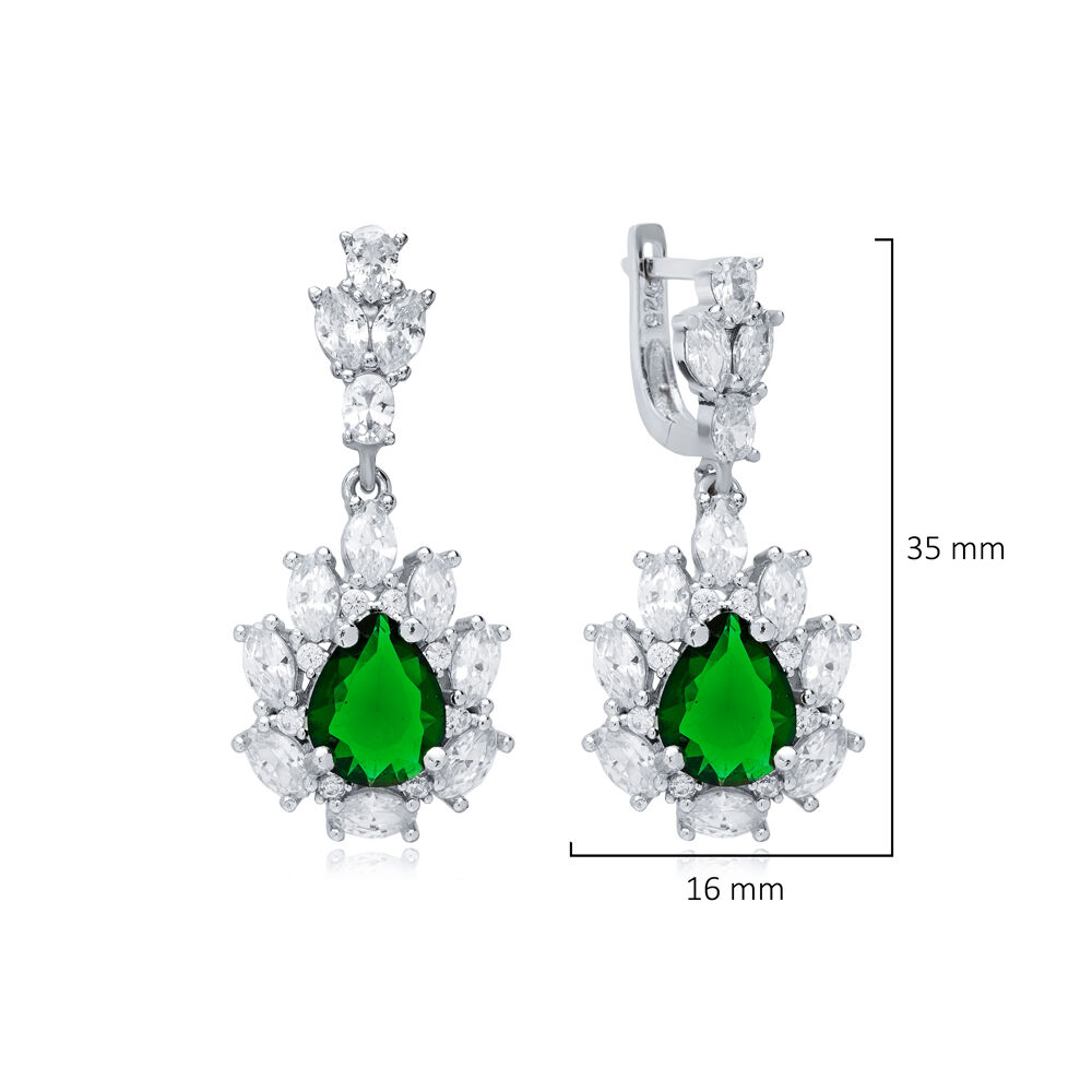 Emerald CZ Stones Pear Drop Wholesale 925 Silver Dangle Earrings