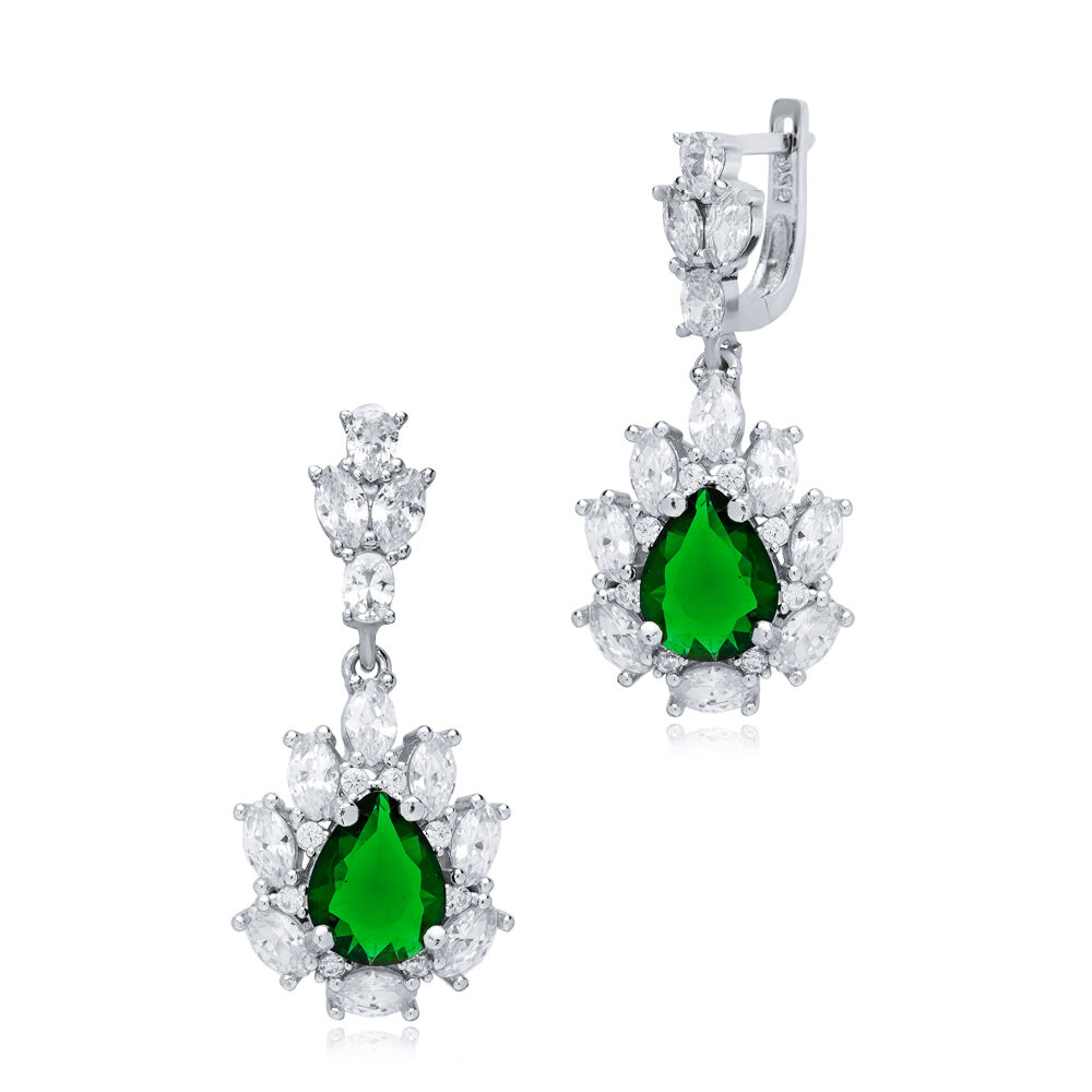 Emerald CZ Stones Pear Drop Wholesale 925 Silver Cluster Earrings