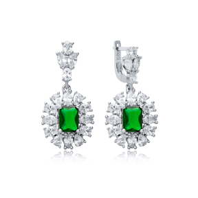 Emerald Rectangle Shape CZ Wholesale 925 Silver Dangle Earrings