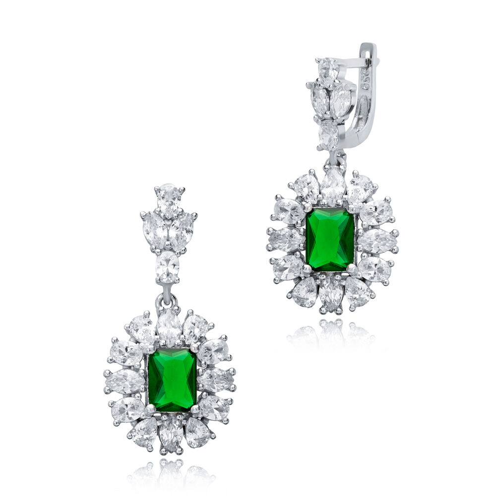 Emerald Rectangle Shape CZ Wholesale 925 Silver Dangle Earrings