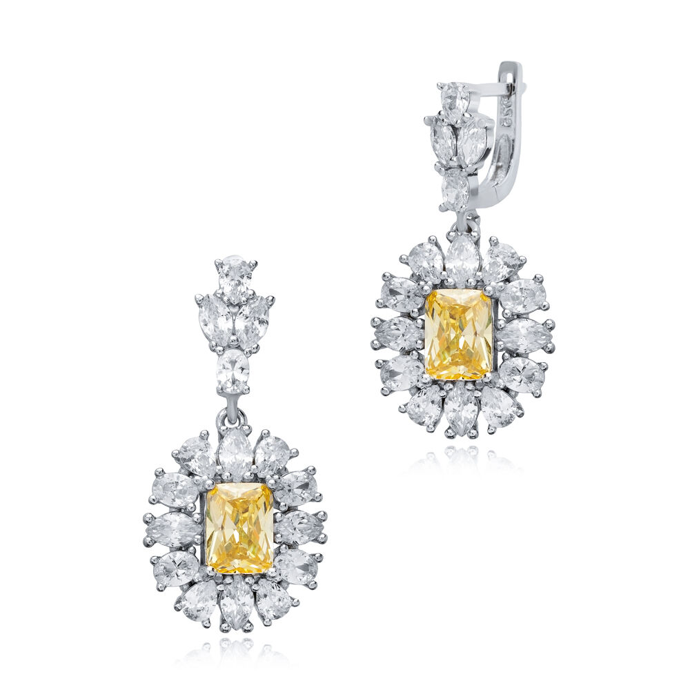 Citrine Rectangle Shape CZ Wholesale 925 Silver Dangle Earrings