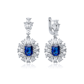 Sapphire Rectangle Shape CZ Wholesale 925 Silver Dangle Earrings