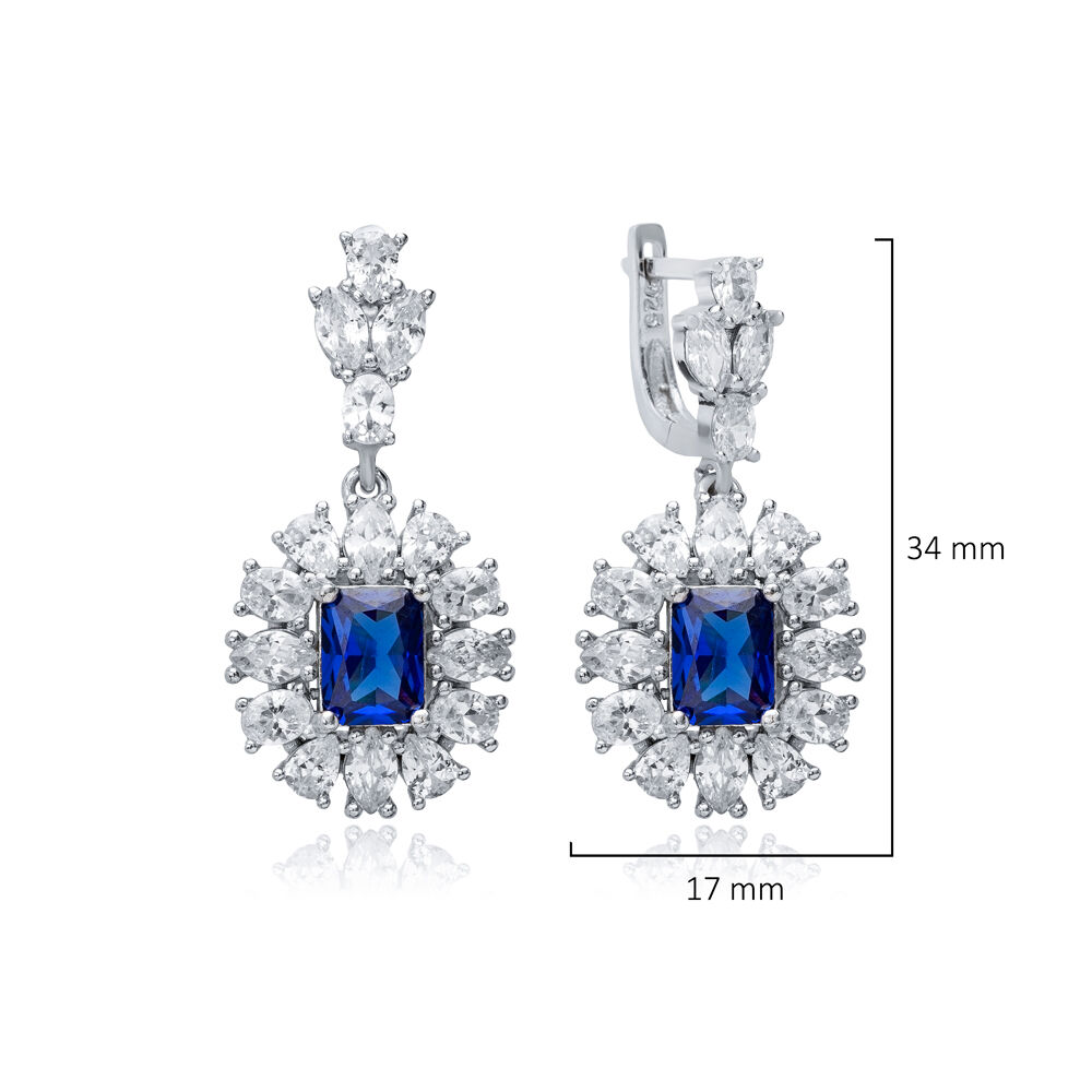 Sapphire Rectangle Shape CZ Wholesale 925 Silver Cluster Earrings