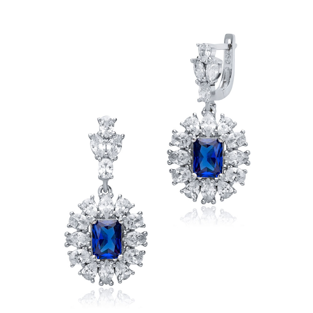 Sapphire Rectangle Shape CZ Wholesale 925 Silver Dangle Earrings