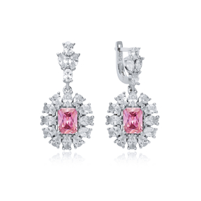 Pink Rectangle Shape CZ Wholesale 925 Silver Dangle Earrings