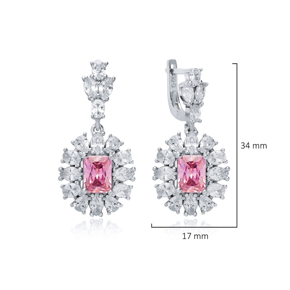 Pink Rectangle Shape CZ Wholesale 925 Silver Dangle Earrings