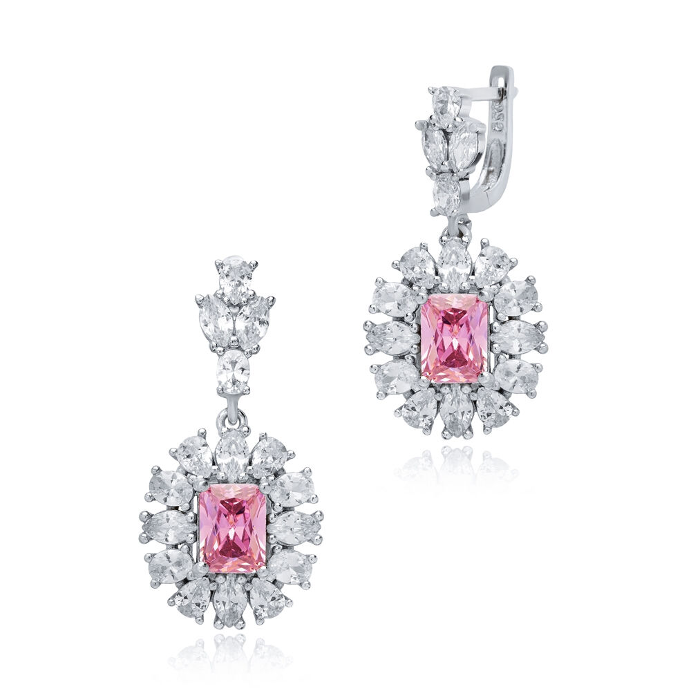 Pink Rectangle Shape CZ Wholesale 925 Silver Dangle Earrings