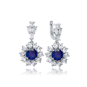 Round Sapphire CZ Dangle Earrings Wholesale 925 Silver Jewelry