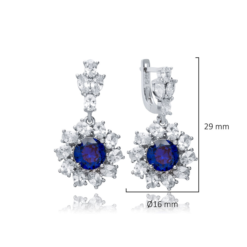 Round Sapphire CZ Dangle Earrings Wholesale 925 Silver Jewelry