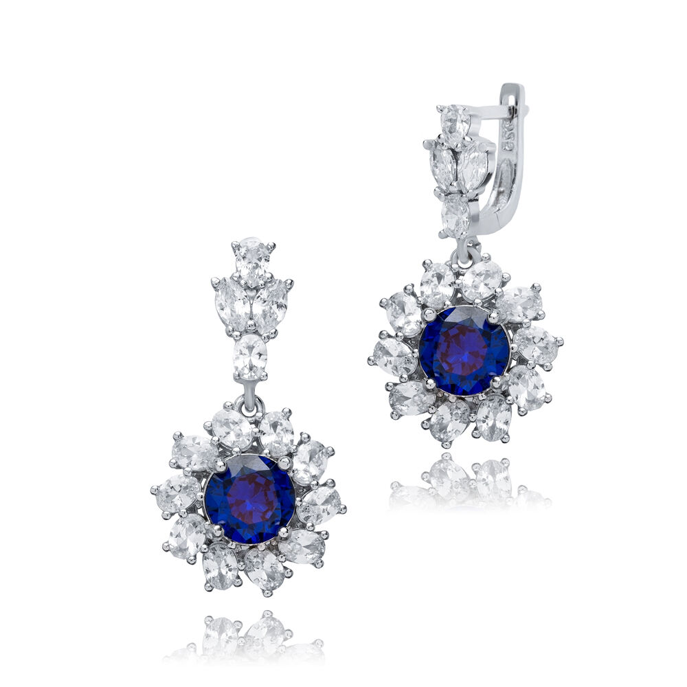 Round Sapphire CZ Dangle Earrings Wholesale 925 Silver Jewelry