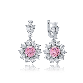 Round Pink CZ Dangle Earrings Wholesale 925 Silver Jewelry