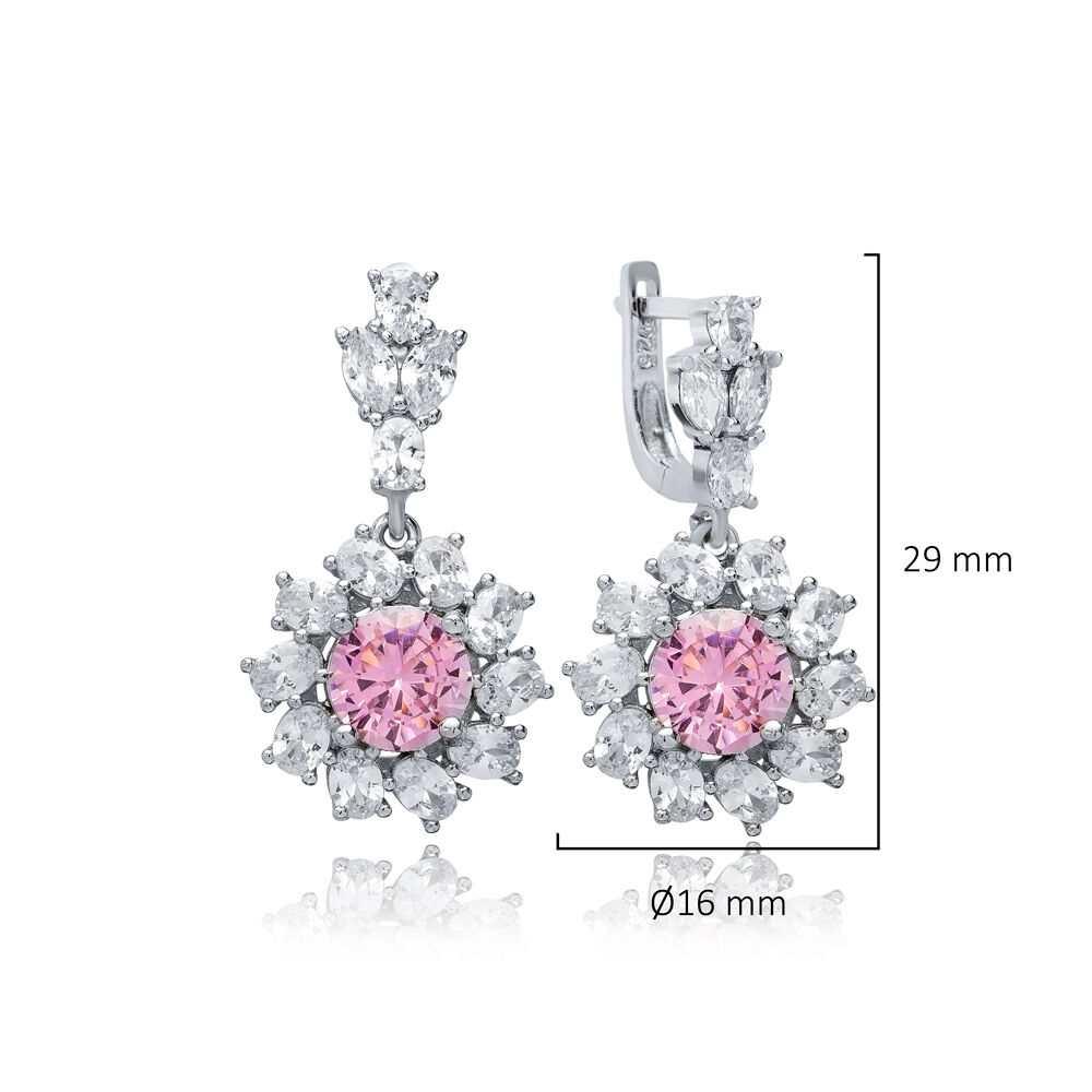 Round Pink CZ Dangle Earrings Wholesale 925 Silver Jewelry