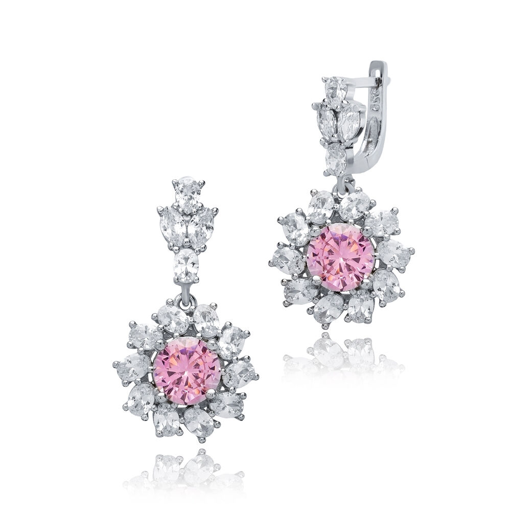 Round Pink CZ Dangle Earrings Wholesale 925 Silver Jewelry