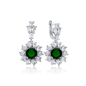 Round Emerald CZ Dangle Earrings Wholesale 925 Silver Jewelry