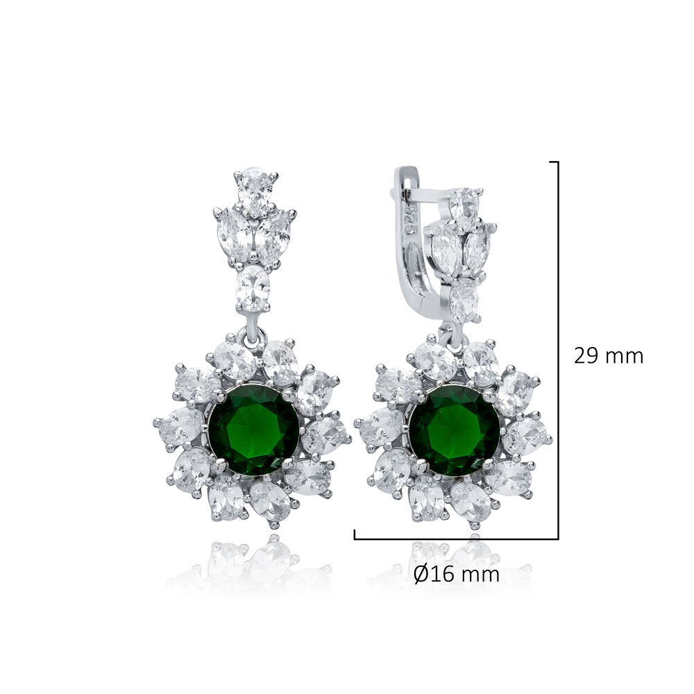 Round Emerald CZ Dangle Earrings Wholesale 925 Silver Jewelry