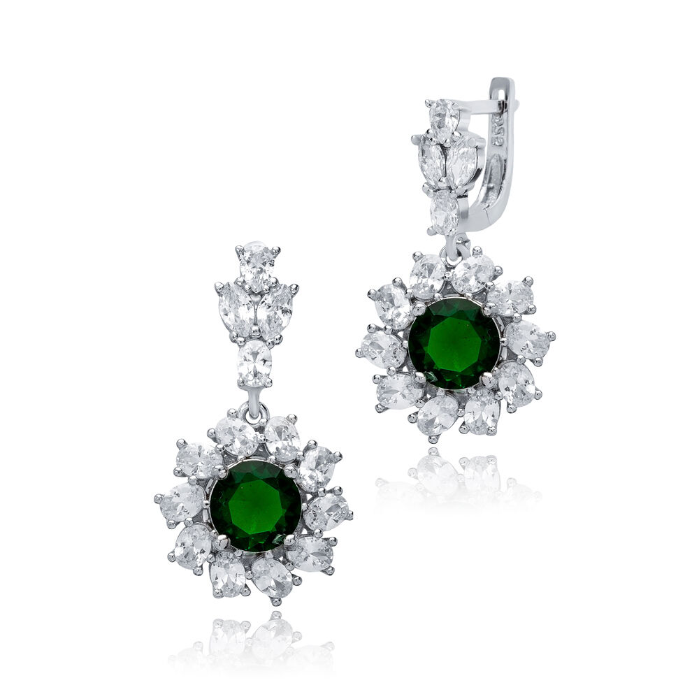 Round Emerald CZ Dangle Earrings Wholesale 925 Silver Jewelry