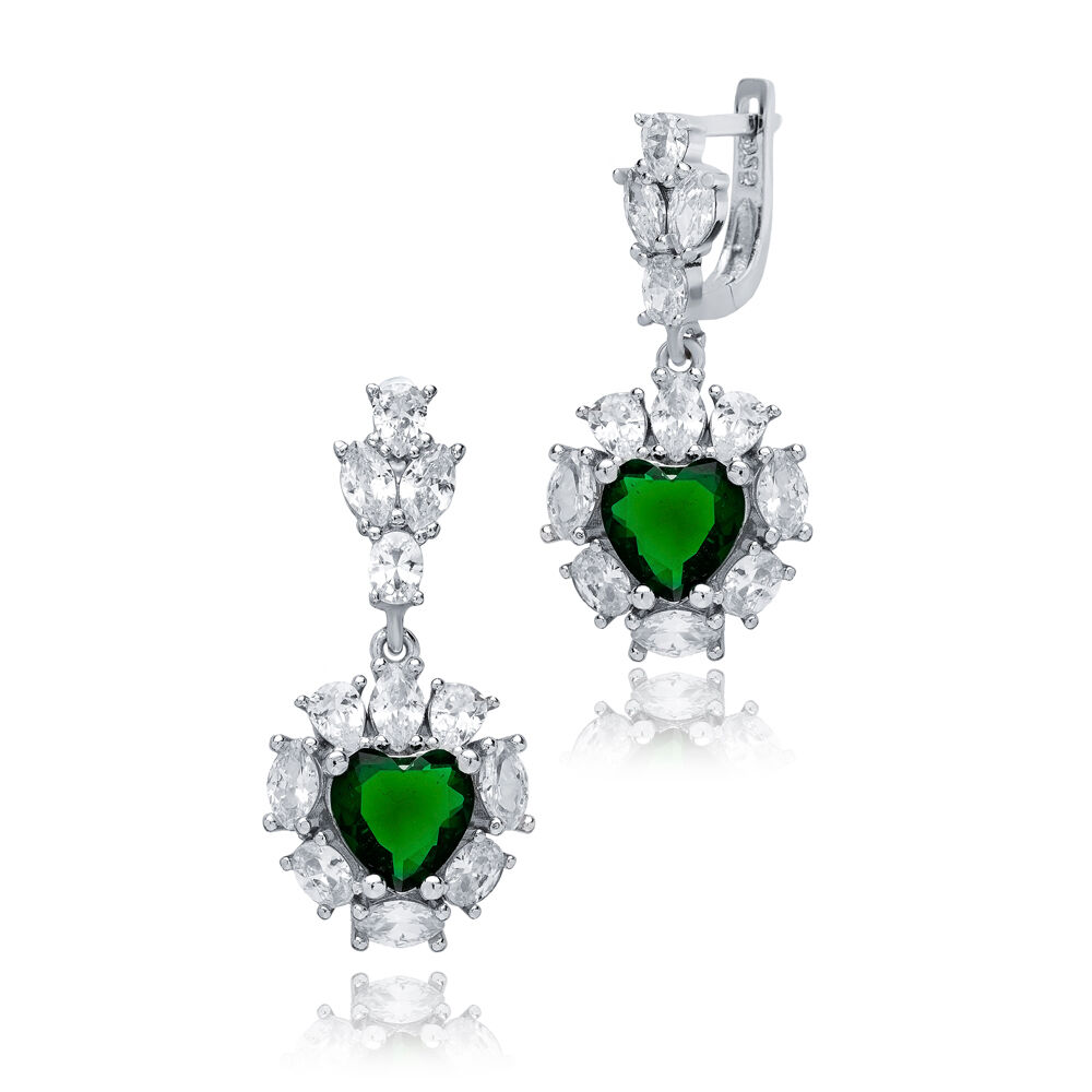 Heart Emerald CZ Cluster Earrings Wholesale 925 Silver Jewelry