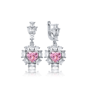 Heart Pink CZ Dangle Earrings Wholesale 925 Silver Jewelry