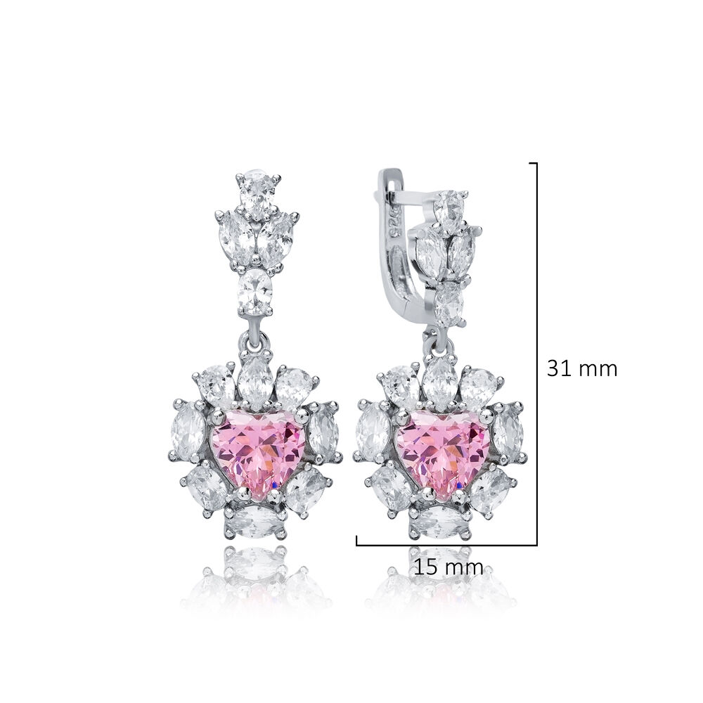 Heart Pink CZ Dangle Earrings Wholesale 925 Silver Jewelry