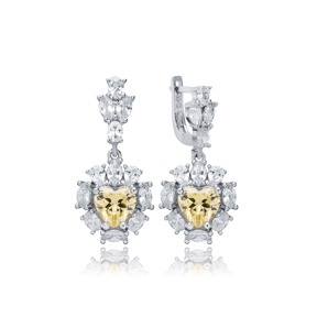 Heart Citrine CZ Dangle Earrings Wholesale 925 Silver Jewelry