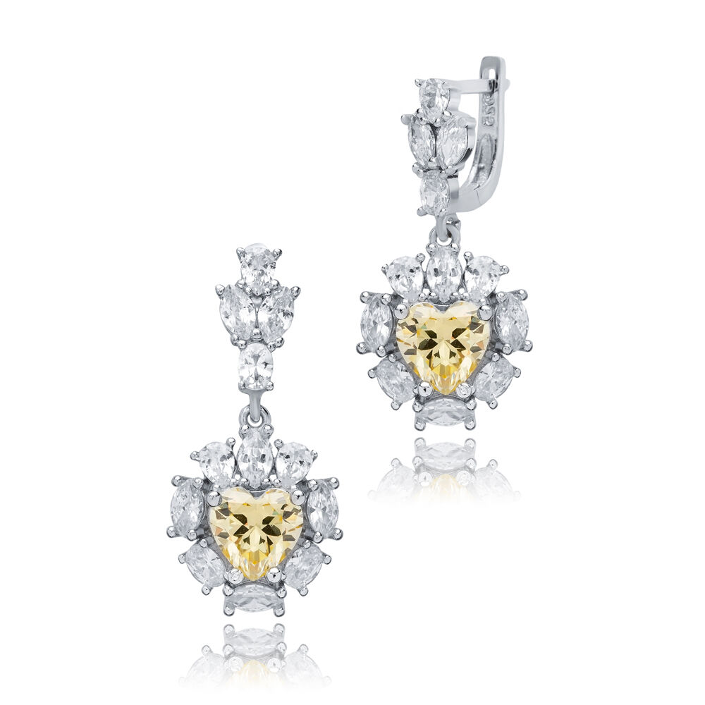 Heart Citrine CZ Cluster Earrings Wholesale 925 Silver Jewelry