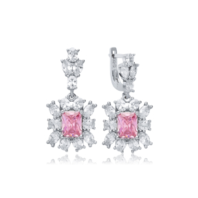 Rectangle Pink CZ Dangle Earrings Wholesale 925 Silver Jewelry