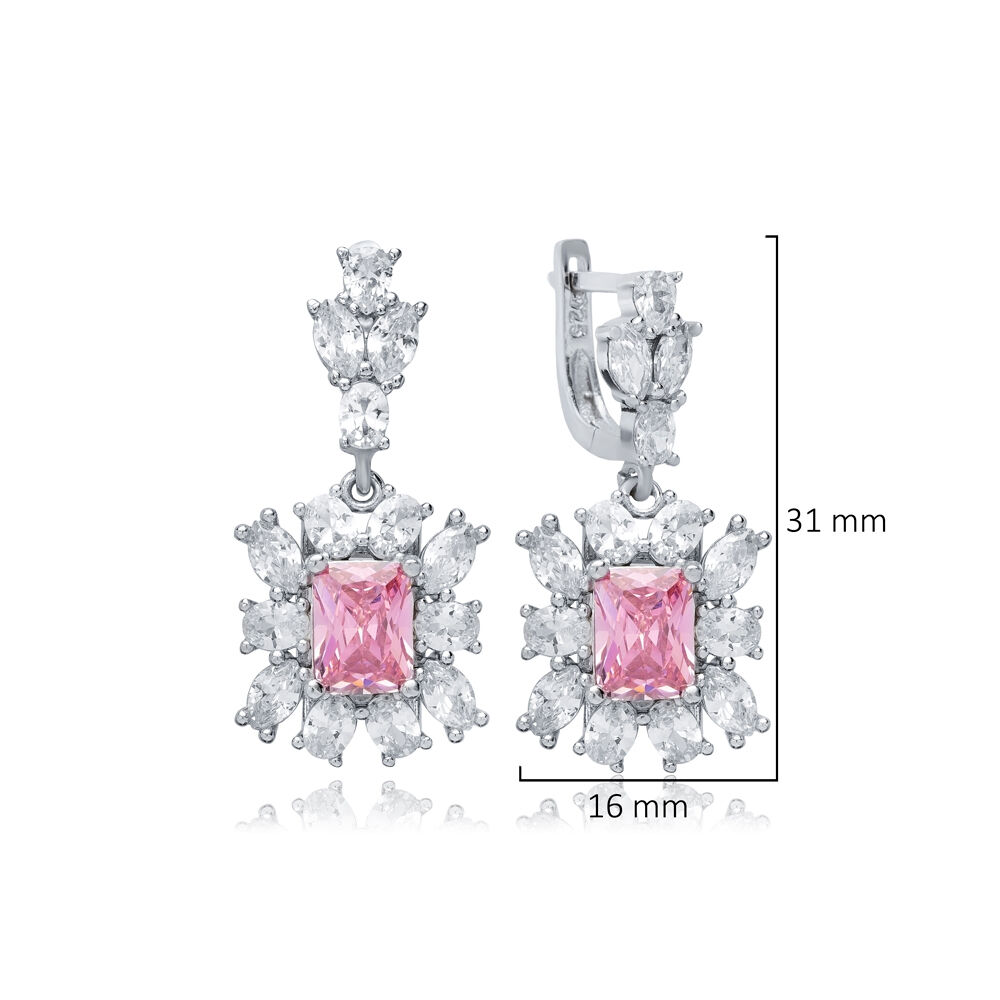 Rectangle Pink CZ Cluster Earrings Wholesale 925 Silver Jewelry